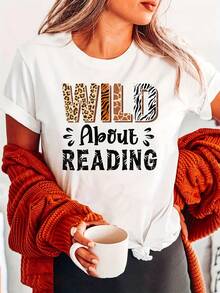 Soft Fabric T-Shirt: 1 Piece Of Women's T-Shirt, Printed With The Phrase "Crazy For Reading", Casual Short-Sleeved Top With A Round Neck, Slightly Stretchy, Knitted Fabric, Fashionable For All Seasons, Suitable For Book Lovers.  T-Shirt. - 白色 - 查看 7