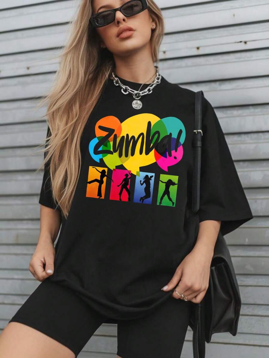 1 Pieza 180g Camisetas Para Mujer, Camiseta Hombre, camiseta informal de algodón con cuello redondo. Camiseta deportiva para mujer. Diseñadas por artistas de la generación Y2K al estilo Bababask, confeccionadas en algodón 100% puro. Diseño de patrón de dibujos animados creativos, cómoda manga corta, zumba - Negro 3 - Ver 1