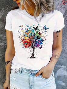 Camiseta Casual de Manga Corta para Mujer, Mezcla de Algodón, con Estampado de Coche 'Chasing The Horizon', Cuello Redondo, Largo Regular - Estilo_bn - Ver 9