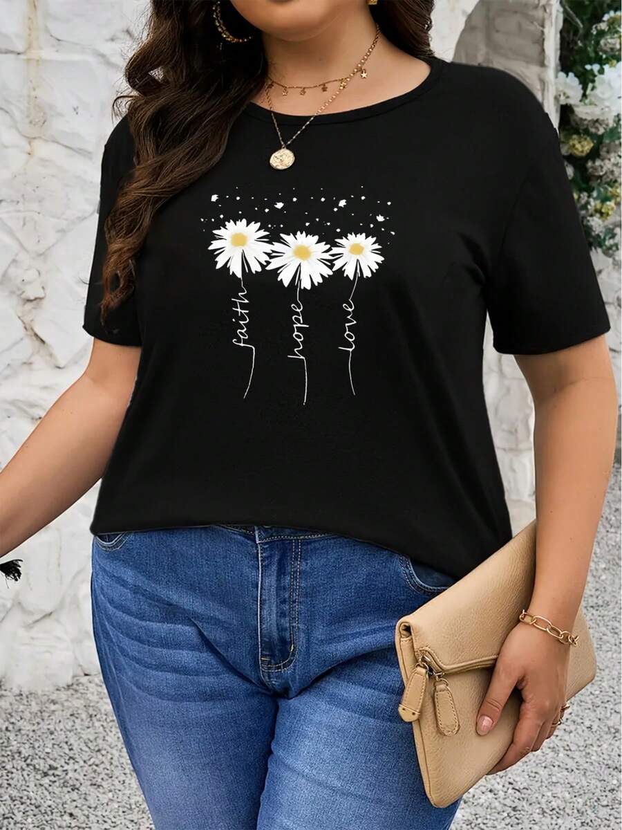 Women's Black T-Shirt With Daisy Print. A Very Distinctive Printed T-Shirt / Unisex Style / Suitable For Both Men And Women / Wrinkle-Resistant / Breathable - 黑色 - 查看 1
