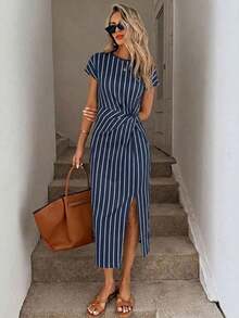 Vestido midi sin mangas con abertura alta, estampado elegante de lazo a rayas rosa, estilo minimalista casual; Vestido de punto de textura casual ajustado para mujer; Conjunto de fitness para mujer; Vestido de invitada de boda para mujer; Atuen - Multicolor 4 - Ver 5