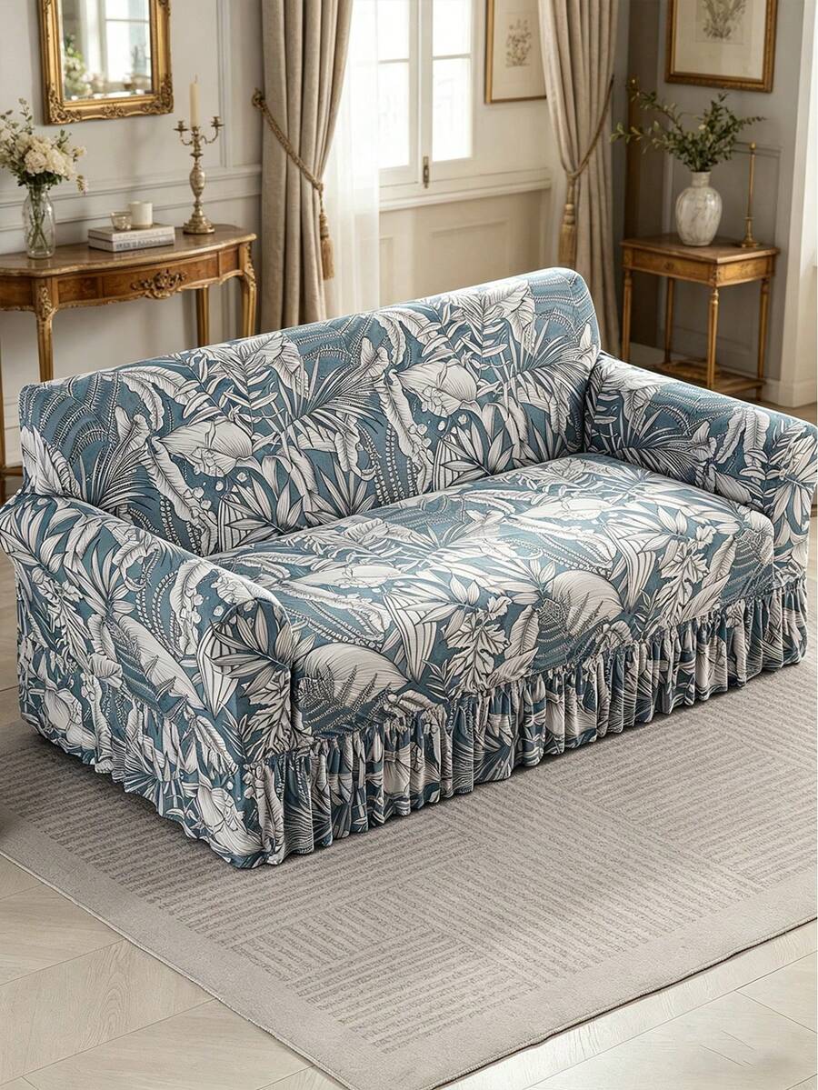 1pc Ruffled Hem Floral Print Stretch Sofa Cover, Soft & Comfortable, Elastic Furniture Protector, Multiple Sizes Available - Blue-gray - View 1