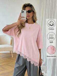 Camiseta casual de mujer con dobladillo asimétrico de encaje de unicolor, uso básico diario, blusa casual de primavera/verano para vacaciones de mujer, vacaciones de verano para mujer, primavera para mujer, vacaciones de primavera, top para ir - Rosa Pálido - Ver 1