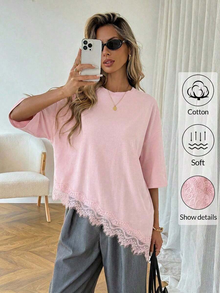 Camiseta casual de mujer con dobladillo asimétrico de encaje de unicolor, uso básico diario, blusa casual de primavera/verano para vacaciones de mujer, vacaciones de verano para mujer, primavera para mujer, vacaciones de primavera, top para ir - Rosa Pálido - Ver 1