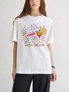 Women's Short-Sleeved T-Shirts With Interesting Prints, Beautiful Clothing. Loose-Fitting T-Shirt With A White Cocktail Print And Orange Slice, A Great Design For Sisters To Wear On Trips, For Women, For Travel, Parties, Outings, And Casual Wear. - 白色 - 查看 7