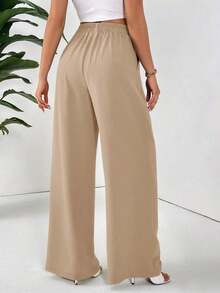 Pantalones holgados básicos casuales de cintura alta de unicolor, plisados y de pierna ancha para mujer - Caqui - Ver 2