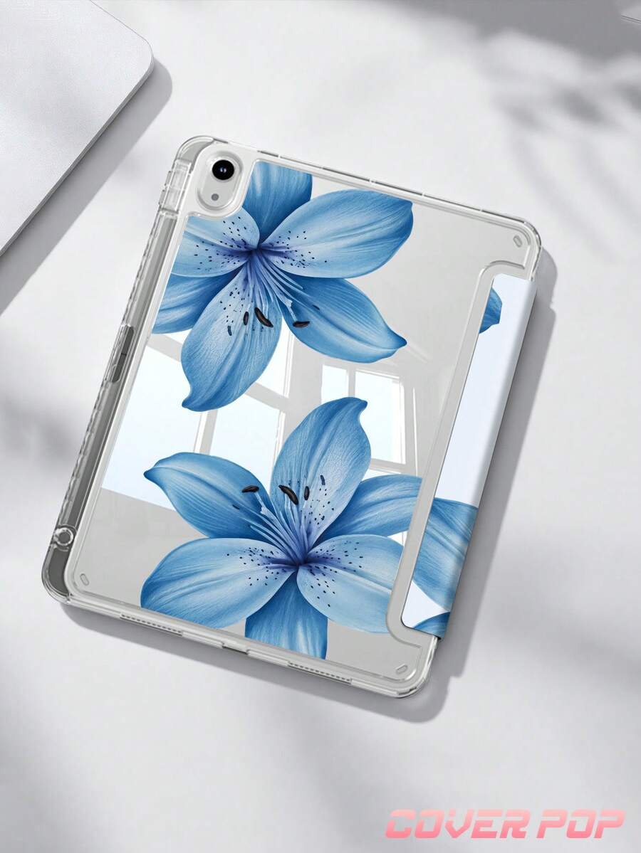 这款蓝色百合花图案平板电脑保护套适用于 iPad Air 11 英寸 M3 2025/M2 2024、Air 第五代 2022、Air8 2026（11/13 英寸）、(A16) 11 英寸第十一代 2025，也兼容三星 Galaxy Tab 和 Kindle Paperwhite 第十二代 2024。透明背壳搭配时尚图案，支持自动休眠/唤醒功能，并采用气垫保护。是办公使用或馈赠佳品的理想之选。