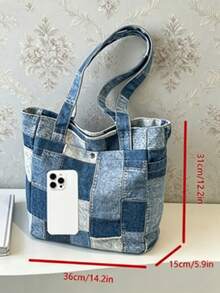 Túi tote vải bố denim in họa tiết kẻ caro, túi xách đeo vai nhiều ngăn, ba lô denim thời trang nam, thích hợp cho du lịch, tham quan ngoài trời. - Màu xanh lam - Xem 3