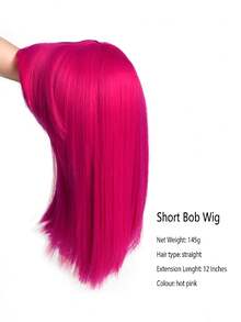 Rose Bud Hot Pink Bob Wig With Fringe 12 Inch Short Straight Costume Wigs For Women Cosplay Party Halloween - Rose Red - View 4