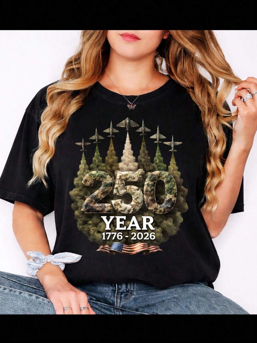 Camiseta Camo 250 Año 17762026, Gráfico de Aviones de Combate Militares Patrióticos AM1erican F1lag T1EE, Diseño del Orgullo Veterano del Día de la Independencia de EE. UU. Camiseta unisex de algodón puro de 220 g, peso ideal para todas las estaciones, adecuada tanto para hombres como para mujeres. Tejido duradero de alta calidad, suave al tacto y de larga duración. Parte superior transpirable. Adecuada para mujeres en primavera y verano, vacaciones, Día de la Madre, Día de la Independencia. - Negro - Ver 1