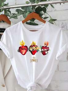 Camiseta de mujerCamiseta de fe católica para mujeres - Color , cuello redondo, con corazón sagrado, ropa casual para la iglesia todos los días - Camiseta ligera para verano y primavera para mujeres católicas, ropa religiosa, ajuste cómodo, moda primaveral, estampado de dibujos animados, material transpirable, ropa basada en la fe, comunidad de feCómoda y ligera - Blanco - Ver 10