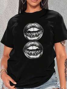 Women's Black T-Shirt, 100% Cotton, With An Artistic Graphic Print Of Metallic Lips, Modern Casual Style, Comfortable, Breathable And Perfect For Combining In Urban Outfits - 黑色 - 查看 6