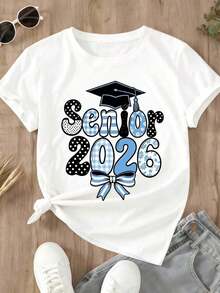 Vintage Graduation 2026 T-Shirt For Senior Students With Cap And Bow Design In Blue And Black Patterns - White - View 3