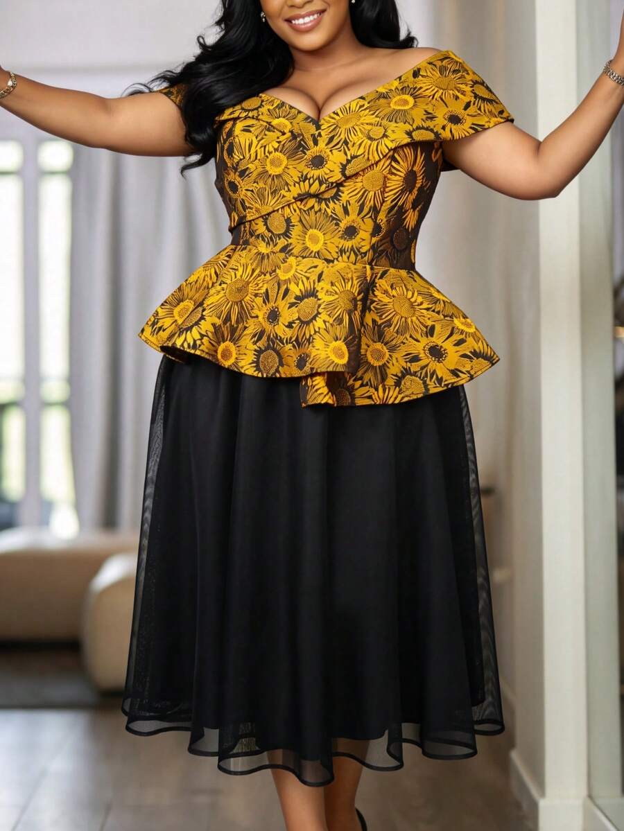 Afro Fashion Plus Size Women Two Pieces Sets Cold Shoulder Peplum Top Mesh A Line Skirt Set With Floral Jacquard For Cocktail Party Formal Occasion - Yellow - View 1