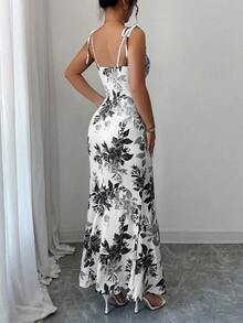 Nuevo vestido de mujer con tirantes de espagueti, lazo en la cintura, diseño de dobladillo fruncido y abertura, versátil para citas, fiestas y uso diario, favorecedora y elegante - Negro - Ver 2
