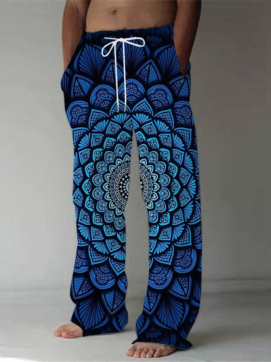 Slub Polyester Machine Washable Men's Tapered Pants Boho Mandala Geometric Loose Fit Wide Leg Drawstring Waist For Daily Casual Streetwear - Multicolored - View 1