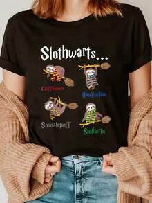 Women's Casual Cotton T-Shirt With Sloth Print, Round Neck, Short Sleeves, Knit Fabric, Available At The Local Community Store, Soft And Comfortable Cotton, Discounted, Suitable For Easter, Halloween, Thanksgiving, Etc. Loose, Casual, And Versatile T-Shirt - 黑色 - 查看 7