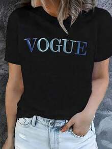 Playera rojo de Mujer con Estampado de Letras VOGUE en Degradado Azul, Camiseta Aesthetic Minimalista de Manga Corta, Top de Verano Estilo Blogger de Moda, Blusa Casual Chic Urbana Blusas Bonito 100% Cotton - Negro - Ver 1
