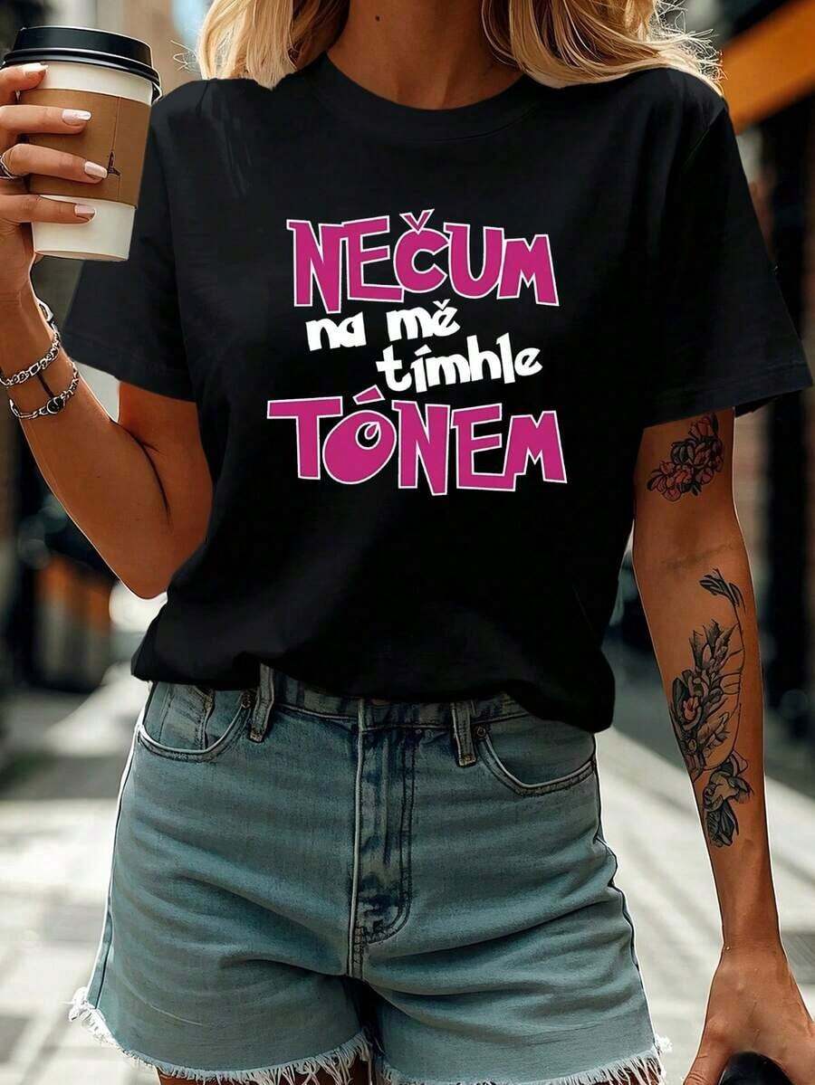 Minimalist Women's Lightweight Graphic T-Shirts With Custom Letter Print, Crew Neck, Spring/Summer, 100% Cotton, Popular Choice. Women's Simple Solid Color T-Shirt, Loose And Slim Fit Casual Short Sleeve - 黑色 - 查看 1
