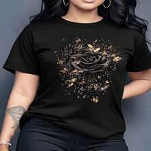Womens Black Cotton Round Neck Short Sleeve T Shirt with Elegant Rose and Butterfly Print High Stretch Casual Top - Negro - Ver 1