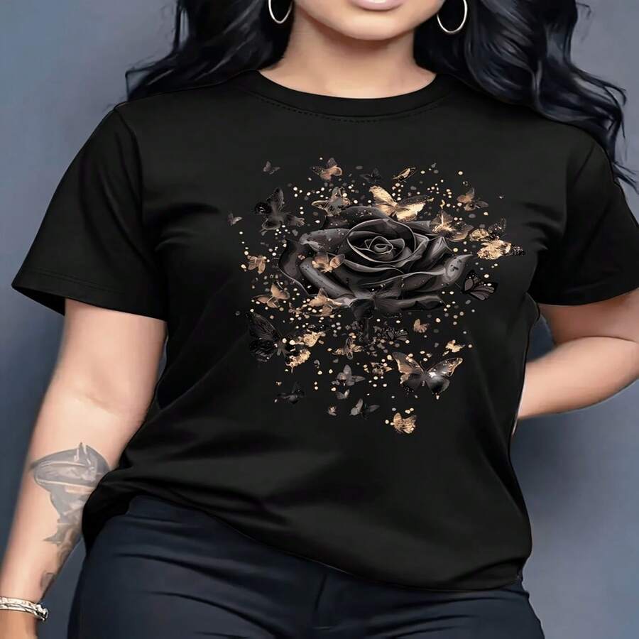 Womens Black Cotton Round Neck Short Sleeve T Shirt with Elegant Rose and Butterfly Print High Stretch Casual Top - Negro - Ver 1