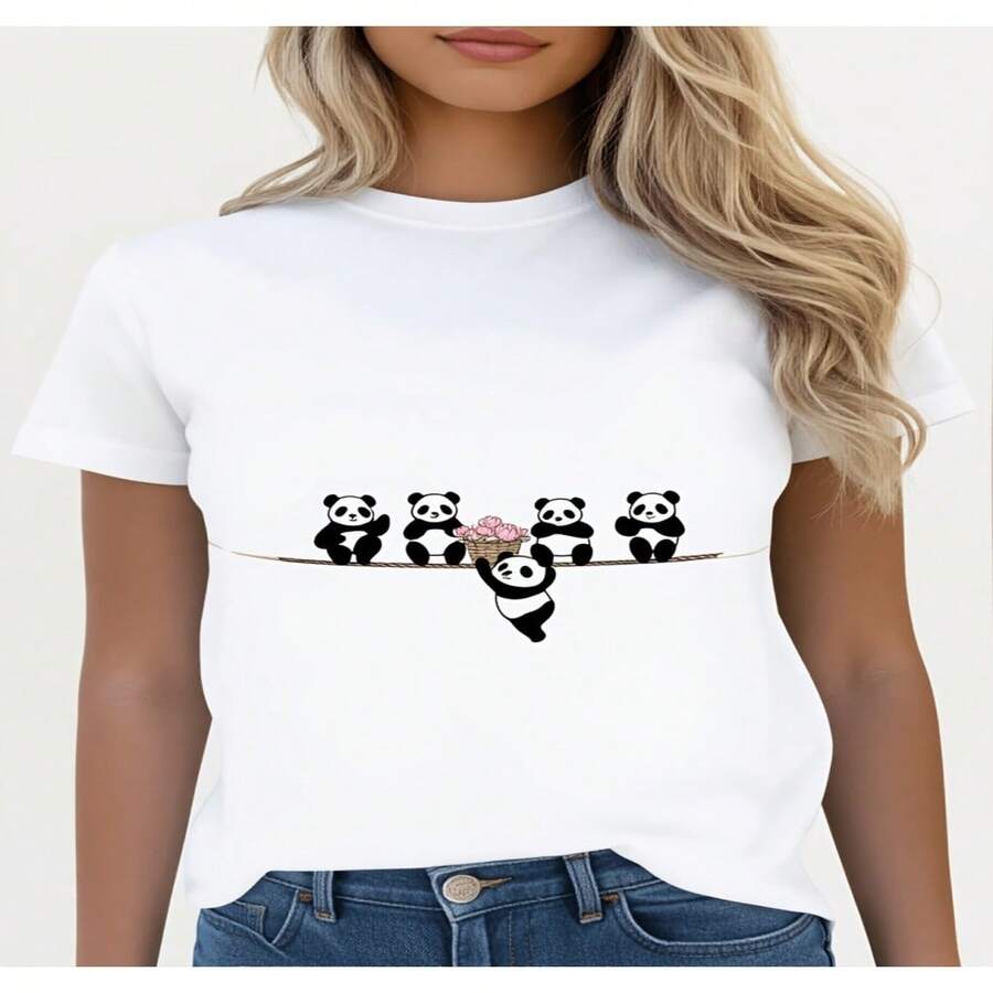 Women's Cute Panda Print Cotton T-Shirt, Regular Sleeve Casual Round Neck Tee, Short Sleeve High Stretch Top - Blanco - Ver 1