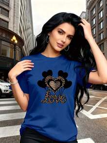 Breathable, Soft, And Versatile, This Women's Short-Sleeved, Round-Neck T-Shirt Features A Heart-Shaped Balloon Print In Black And A Leopard Print. Modern And Casual, It's Easy And Versatile For Leisure, Travel, And Vacations. 13419 Casual Fashion, Round Neck T-Shirt, Women's Warm Clothing - 藍色的 - 查看 7
