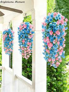 2pcs/Set Artificial Blue & Pink Eucalyptus Garland, Outdoor Hanging Floral Decor, UV-Resistant Greenery For Anniversary, Graduation, Wedding, Party, Home, Office, Porch, Garden, Wall Decor In Spring & Summer, Artificial Flowers Decor, Suitable For Mother's Day Gift, Pipe, Graduation Gift, Wall Decor, New Home, Teacher's Gift, Porch Decor - Multicolor - View 3