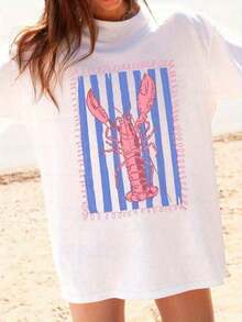 1 pieza de camiseta gráfica para mujer, camiseta rosa con diseño de langosta y rayas azules para mujer. | Ropa de playa casual blanca para verano, con rayas verticales y estampado de olas, diseño de langosta rosa, top de manga corta con cuello redondo, adecuado para vacaciones, fiestas en la piscina y uso diario, ropa de verano, camisetas de playa para mujer, camiseta gráfica divertida de talla grande para mujer. Ideal como prenda básica; Hecho de tela suave con excelente caída. 180g 100% Algodón - Blanco - Ver 8