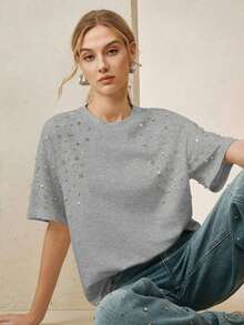 Camiseta de algodón casual con cuello redondo blanco y adornos de diamante de imitación para mujeres - Gris - Ver 5