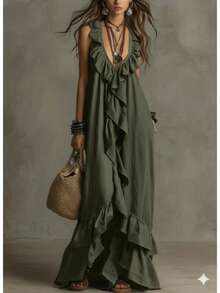 Vestido nuevo para mujer, estilo boho urbano, mangas cortas, cuello V, detalles de volantes, aire retro, cómodo y favorecedor, perfecto para paseos, citas y looks de día - Verde militar - Ver 4