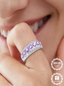1 pièce Bague en argent sterling S925 incrustée de zircone synthétique violette, recommandée pour le port quotidien et comme cadeau surprise d'anniversaire, livrée avec boîte cadeau - Argent - Voir 8