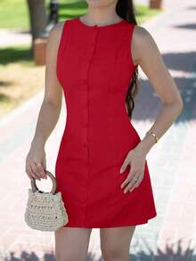 Vestido de turno de unicolor y elegante con cuello redondo, sin mangas y mini para mujer, estilo de uso diario - Rojo - Ver 5