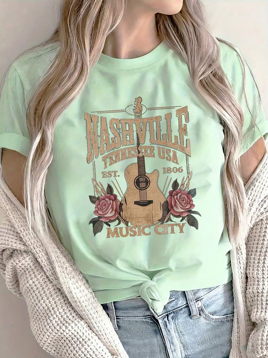 Women's Short-Sleeved Top With A Round Neck In Pure Cotton, Modern Printed Design, Cool And Breathable Fabric, Versatile Garment For Casual Looks, Everyday Occasions And Social Gatherings All Year Round - 薄荷綠 - 查看 1