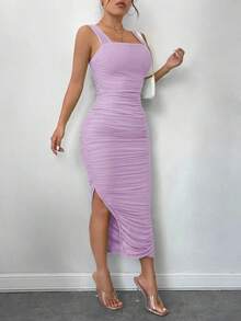 Vestido de graduación; Vestido ajustado de malla con superposición fruncida y abertura en el muslo, vestidos en tonos pastel para mujeres - Lila Púrpura - Ver 3