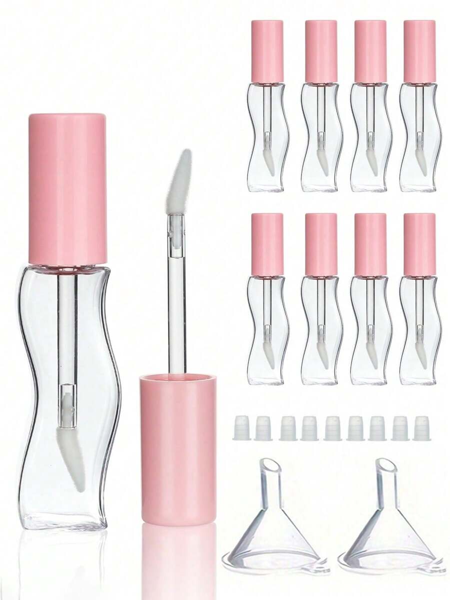 粉色弧形唇彩空瓶 18ml,带漏斗和瓶塞,可重复使用,DIY 化妆品容器,适用于唇彩和液体唇膏,女士女孩化妆品,大容量唇彩管,唇油分装管,旅行唇彩收纳,是美妆爱好者和 DIY 爱好者的理想之选,非常适合自制化妆品、旅行和日常使用。时尚波浪设计,配件实用,旅行唇彩收纳 - 彩色 - 查看 1