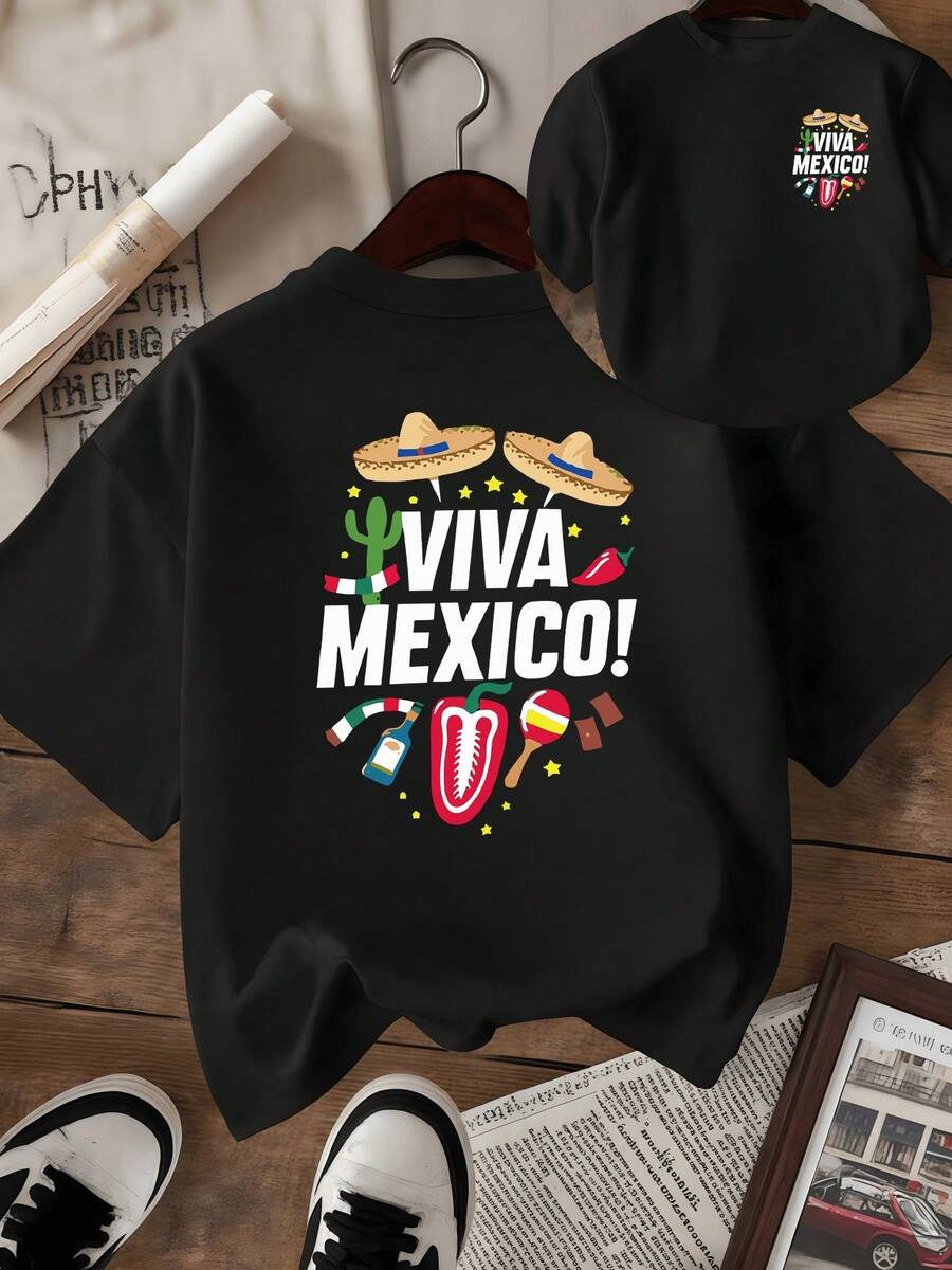 Sombreros cactus chile bandera y maracas celebran la energía vibrante de México con espíritu festivo y orgullo nacional camiseta de mujer de doble cara con estampado alegre y moderno - Negro - Ver 1