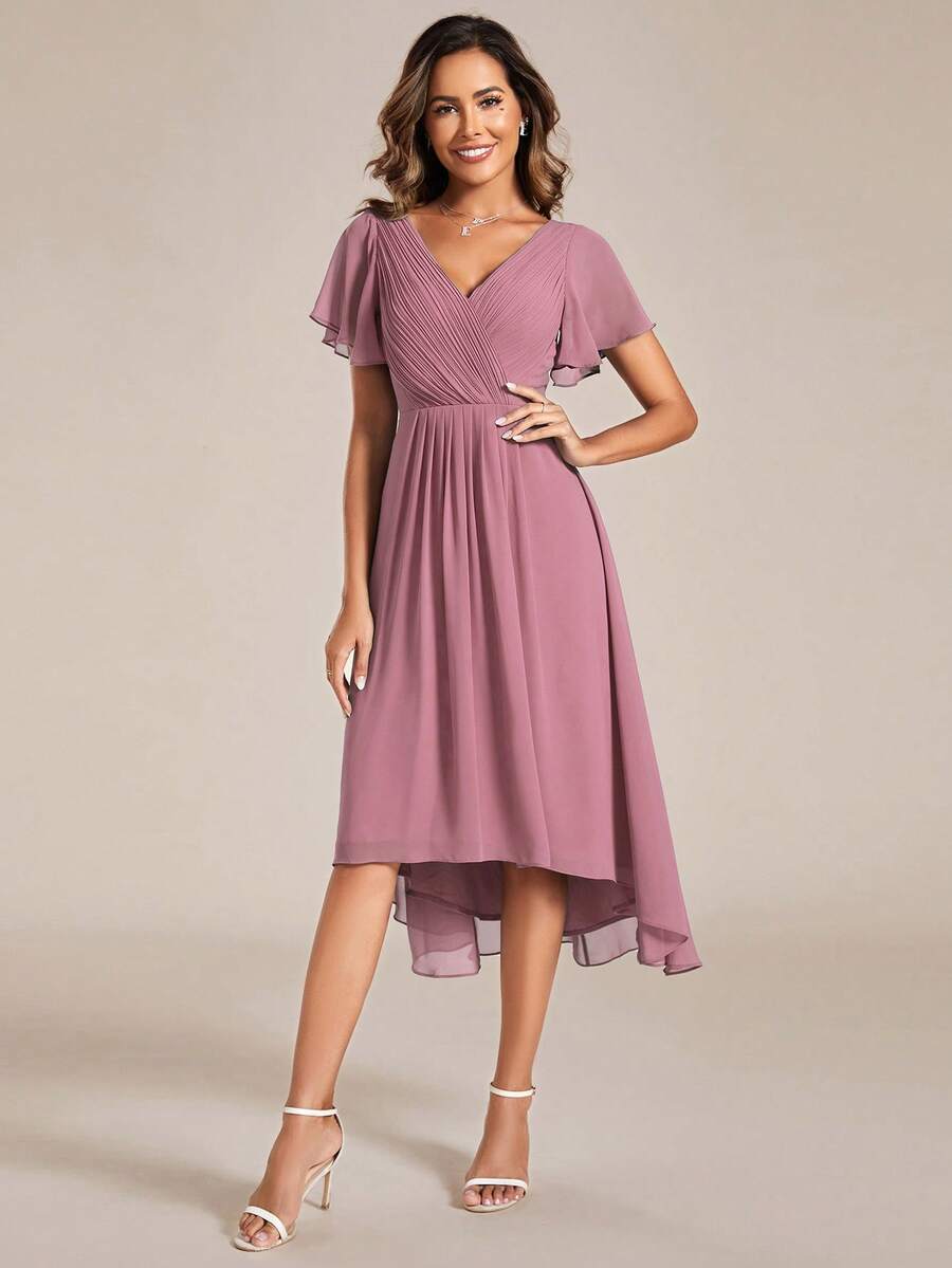 Đầm phù dâu bằng chiffon dáng dài ngắn thanh lịch dành cho nữ, cổ chữ V, tay bồng, thích hợp cho đám cưới mùa hè. - Bụi hồng - Xem 1