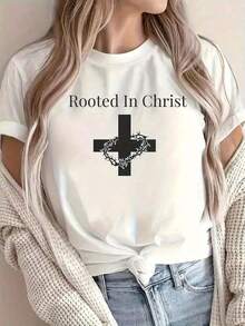 Limited Time Offer, Limited Quantities, Flash ! BANGELY Women's T-Shirt With Cross Print "Rooted In Christ" - Soft, Breathable, Light Beige, Crew Neck T-Shirt With Cross Design, Casual Short Sleeve Top For Summer And Spring, Women's T-Shirts - 白色 - 查看 1