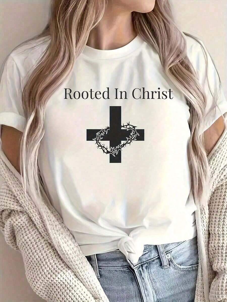 Limited Time Offer, Limited Quantities, Flash ! BANGELY Women's T-Shirt With Cross Print "Rooted In Christ" - Soft, Breathable, Light Beige, Crew Neck T-Shirt With Cross Design, Casual Short Sleeve Top For Summer And Spring, Women's T-Shirts - 白色 - 查看 1