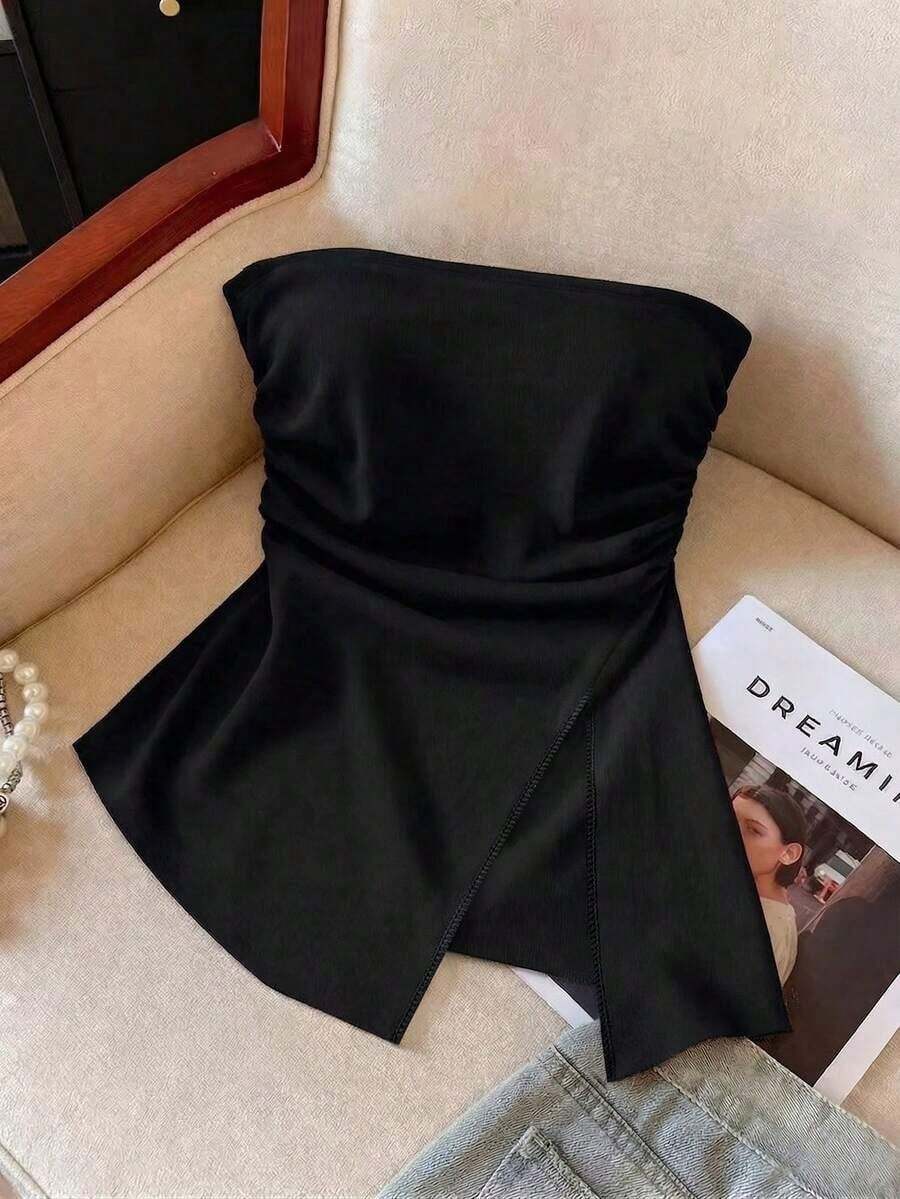 Nueva Moda Primavera/Verano Sexy Blusa Bandeau con Abertura, Cintura Suave Fruncida y Estampado de Lunares Blancos - Negro - Ver 1