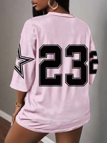 Camiseta de mujer con gráfico de letras y números, de estilo minimalista y casual, adecuada para el verano - Rosa Pálido - Ver 2
