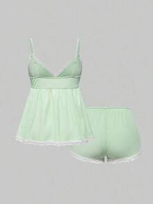 Conjunto de pijama casual de camiseta de tirantes acanalada y shorts con encaje - Verde - Ver 2