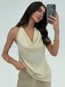 ajustado de mujer de cuello halter con efecto drapeado en un bloqueo de colores minimalista y elegante - Albaricoque - Ver 5
