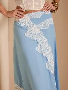 Falda de gasa con dobladillo asimétrico y ribete de encaje en color azul bebé, adecuada para vacaciones, playa, fiesta, brunch, atuendo de invitada de boda, primavera/verano - Celeste - Ver 8
