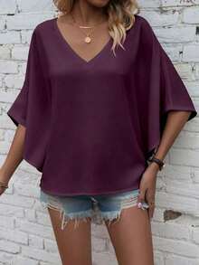 Camisa de manga de murciélago de unicolor casual, verano - Morado - Ver 7