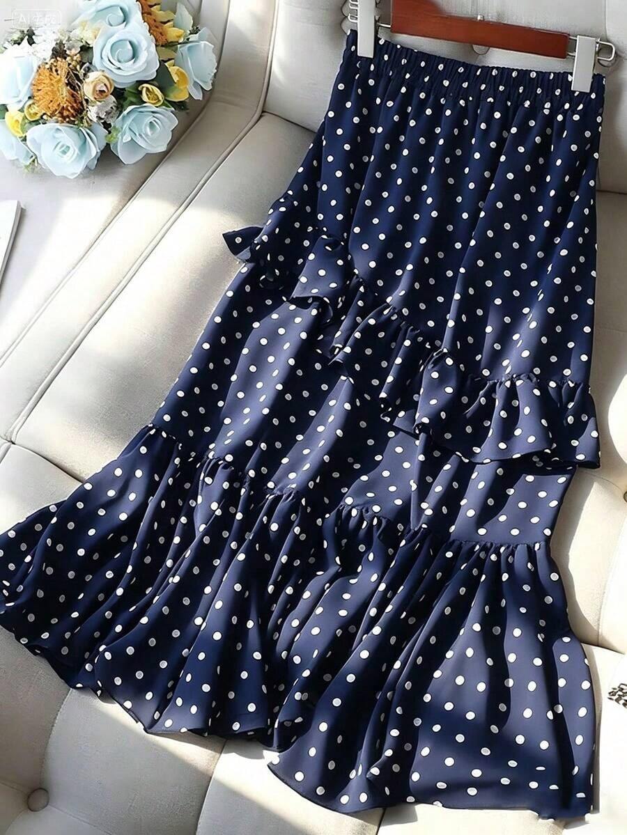 Falda de mujer elegante con pliegues y lunares - Azul marino - Ver 1