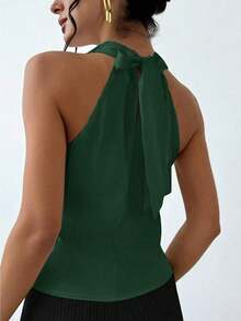 1 pieza Blusa de mujer con cuello de lazo en color albaricoque, minimalista y elegante, top sin mangas - Verde Oscuro - Ver 2