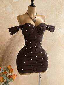 Vestido ajustado sin tirantes con hombros descubiertos y malla de punto para vacaciones - Marrón - Ver 5
