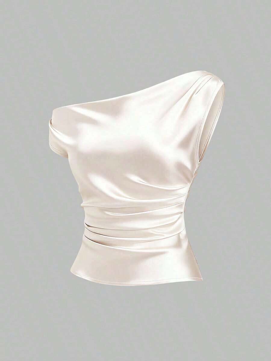 Sweetro Blusa de un solo hombro de estilo francés nueva para primavera/verano, blusa de satén rosa con diseño de volantes, adecuada para ocasiones casuales, de fiesta y de noche - Albaricoque - Ver 1